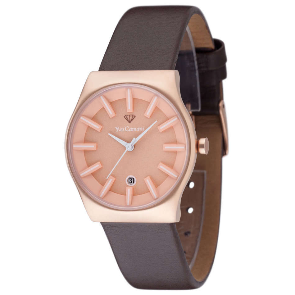 YVES CAMANI Louanne Womens Watch Stainless Steel Rosegold Brown Leather Watch