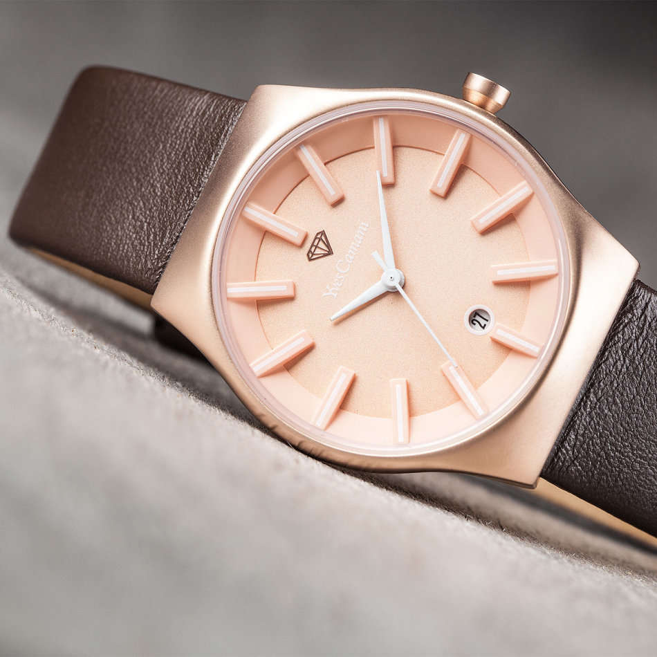 YVES CAMANI Louanne Womens Watch Stainless Steel Rosegold Brown Leather Watch