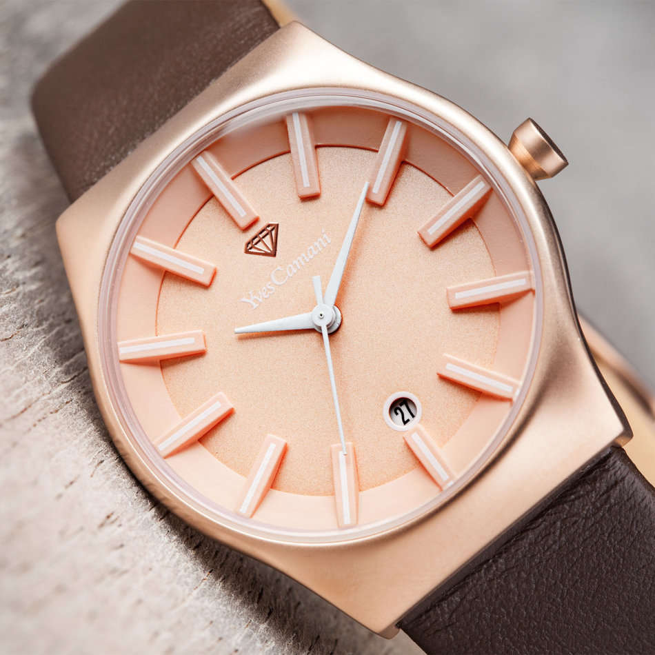 YVES CAMANI Louanne Womens Watch Stainless Steel Rosegold Brown Leather Watch