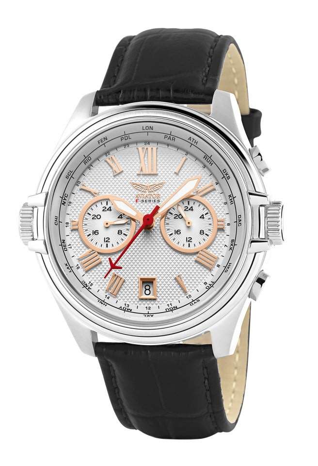 Aviator F Series Multi Function Dual Time ROSE Gold Features Black Leather Watch. 10 ATM