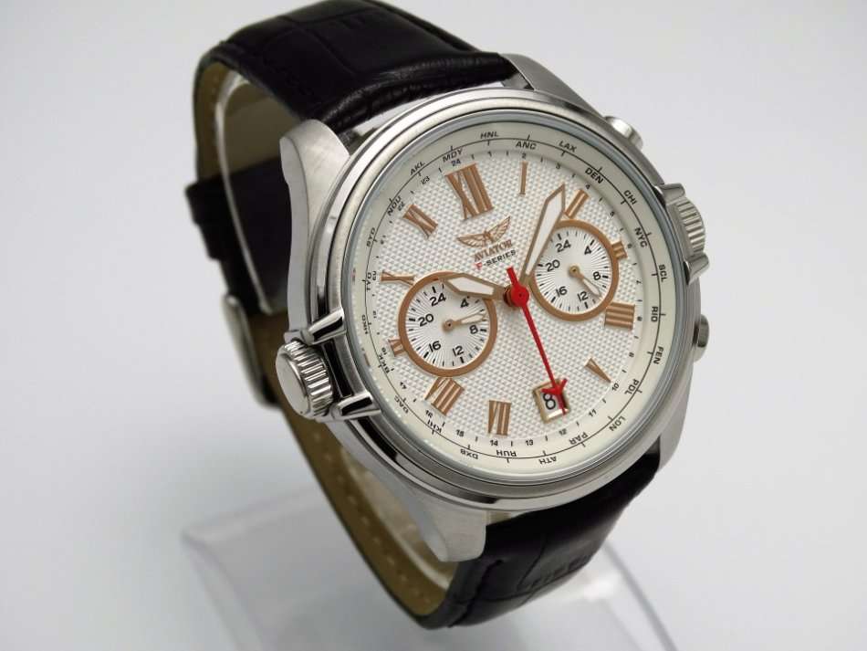 Aviator F Series Multi Function Dual Time ROSE Gold Features Black Leather Watch. 10 ATM