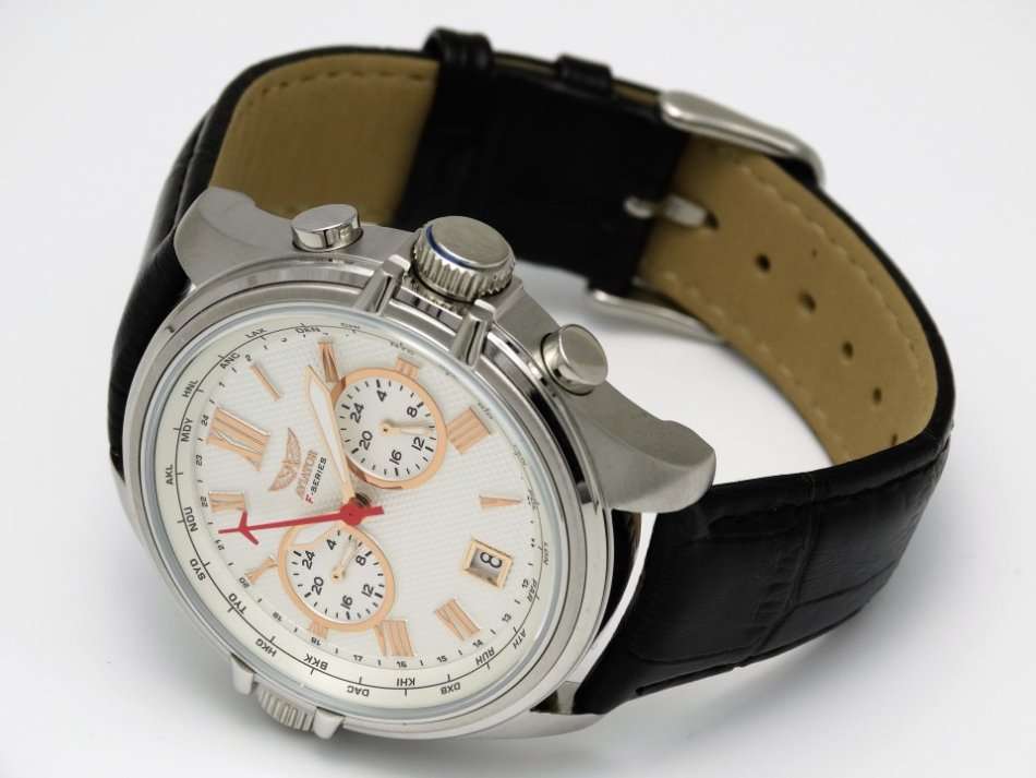 Aviator F Series Multi Function Dual Time ROSE Gold Features Black Leather Watch. 10 ATM