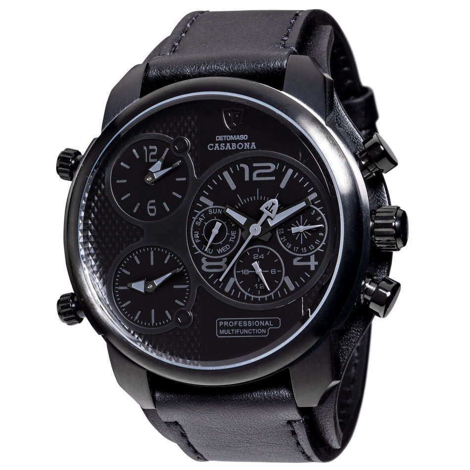 DETOMASO Casabona Mens Watch XXL Black Edition Multifunction Stainless Steel Black Leather watch