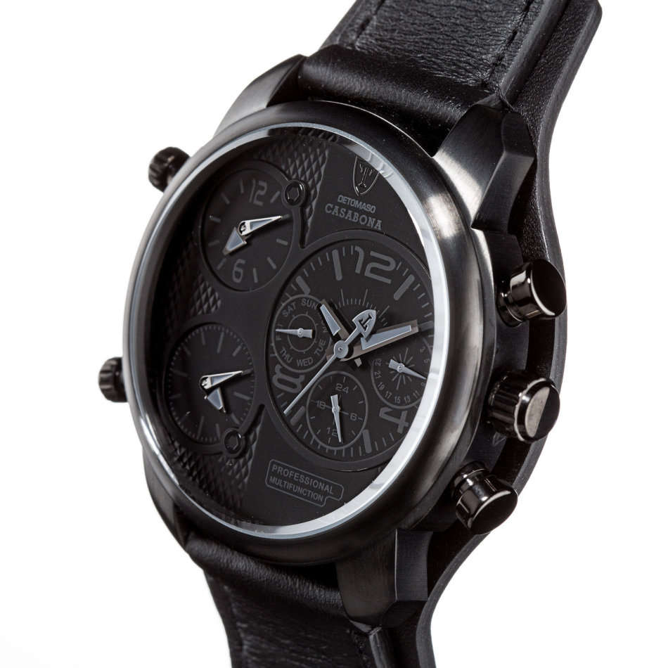 DETOMASO Casabona Mens Watch XXL Black Edition Multifunction Stainless Steel Black Leather watch