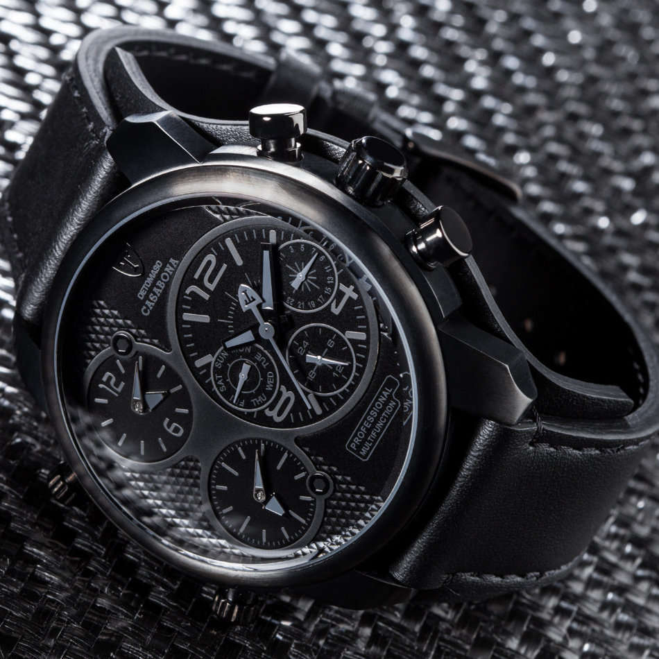 DETOMASO Casabona Mens Watch XXL Black Edition Multifunction Stainless Steel Black Leather watch