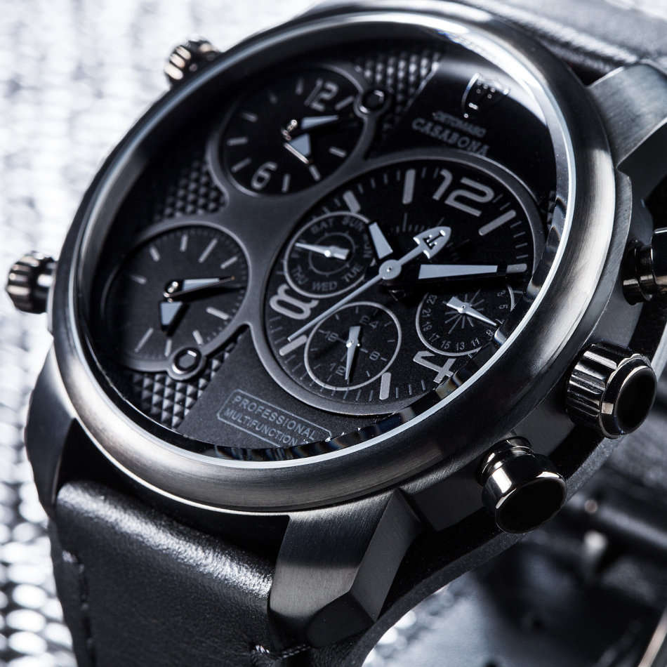 DETOMASO Casabona Mens Watch XXL Black Edition Multifunction Stainless Steel Black Leather watch