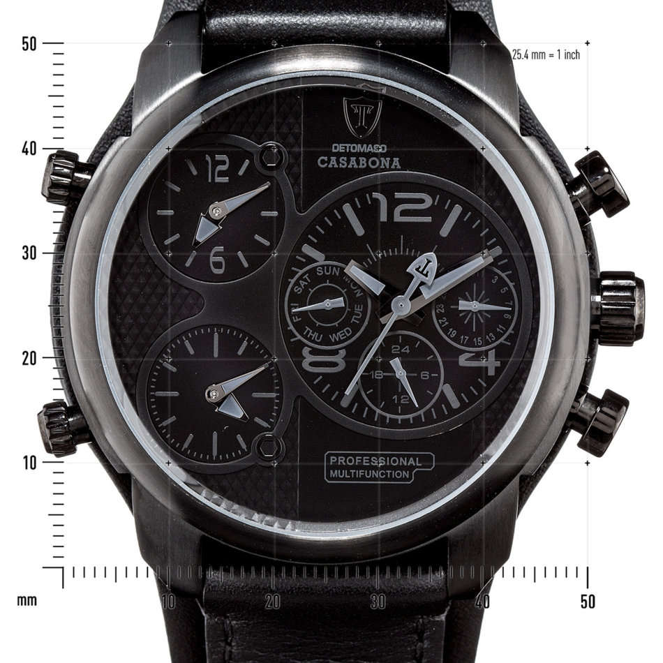 DETOMASO Casabona Mens Watch XXL Black Edition Multifunction Stainless Steel Black Leather watch
