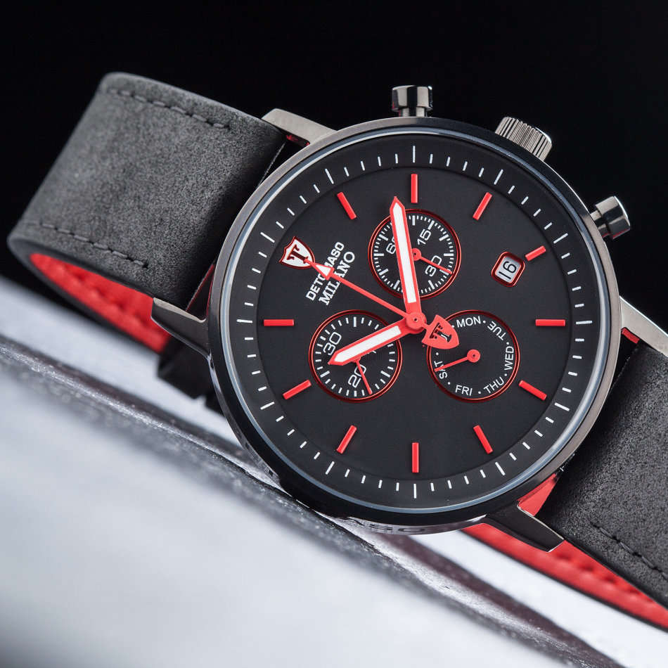 DETOMASO Milano Mens Watch Chronograph Black Red Stainless Steel Day & Date Brown Leather watch