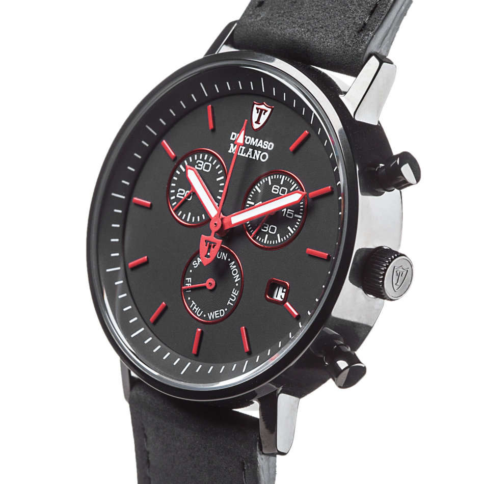 DETOMASO Milano Mens Watch Chronograph Black Red Stainless Steel Day & Date Brown Leather watch