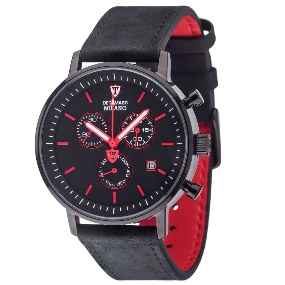 DETOMASO Milano Mens Watch Chronograph Black Red Stainless Steel Day & Date Brown Leather watch