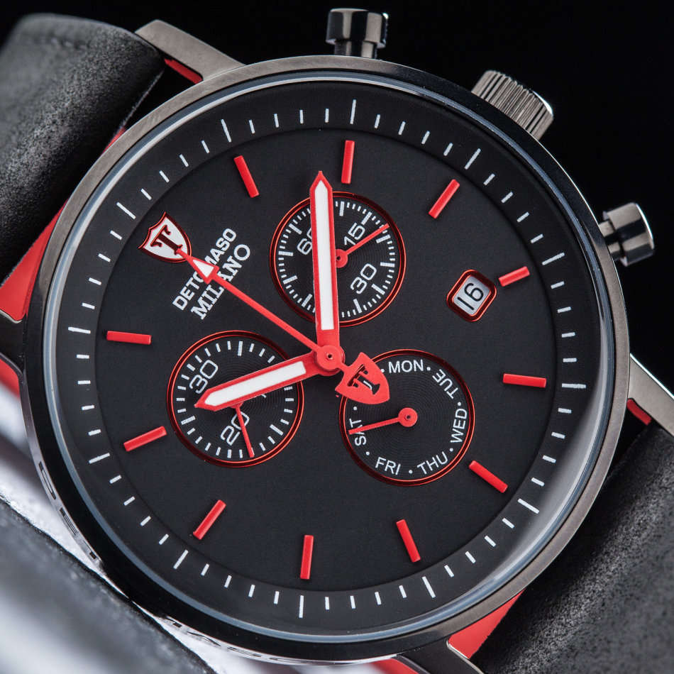 DETOMASO Milano Mens Watch Chronograph Black Red Stainless Steel Day & Date Brown Leather watch