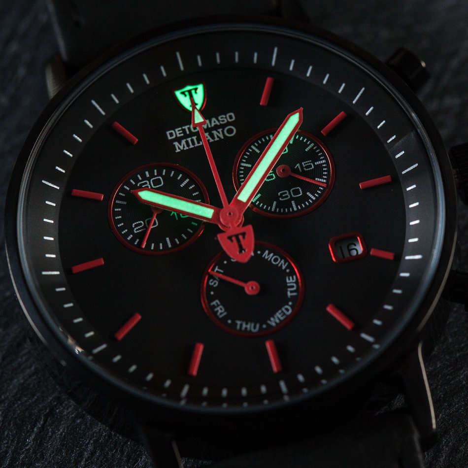 DETOMASO Milano Mens Watch Chronograph Black Red Stainless Steel Day & Date Brown Leather watch