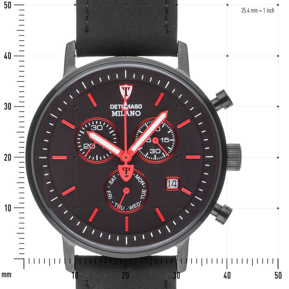 DETOMASO Milano Mens Watch Chronograph Black Red Stainless Steel Day & Date Brown Leather watch