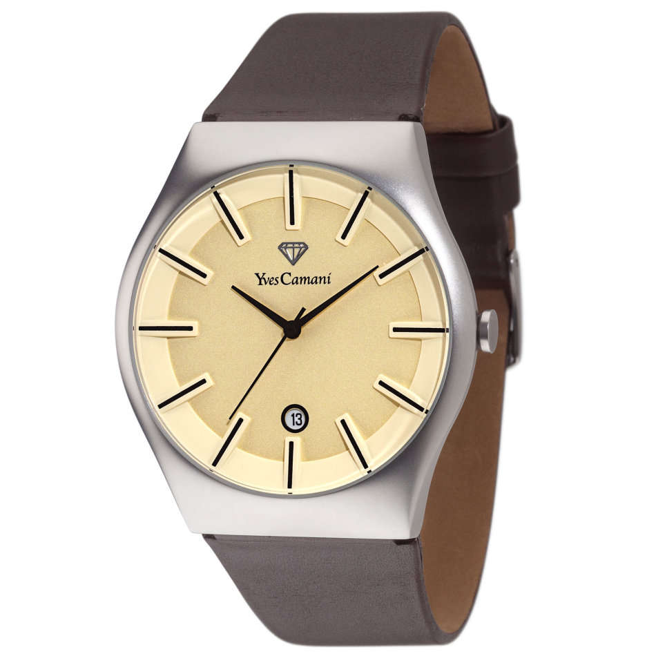 YVES CAMANI Louanne Ladies Watch Stainless Steel Brown Leather Date Display watch