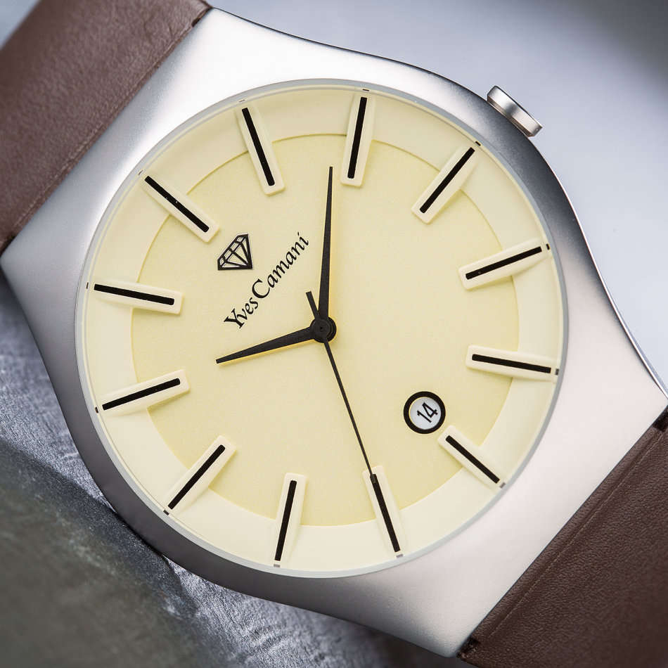 YVES CAMANI Louanne Ladies Watch Stainless Steel Brown Leather Date Display watch