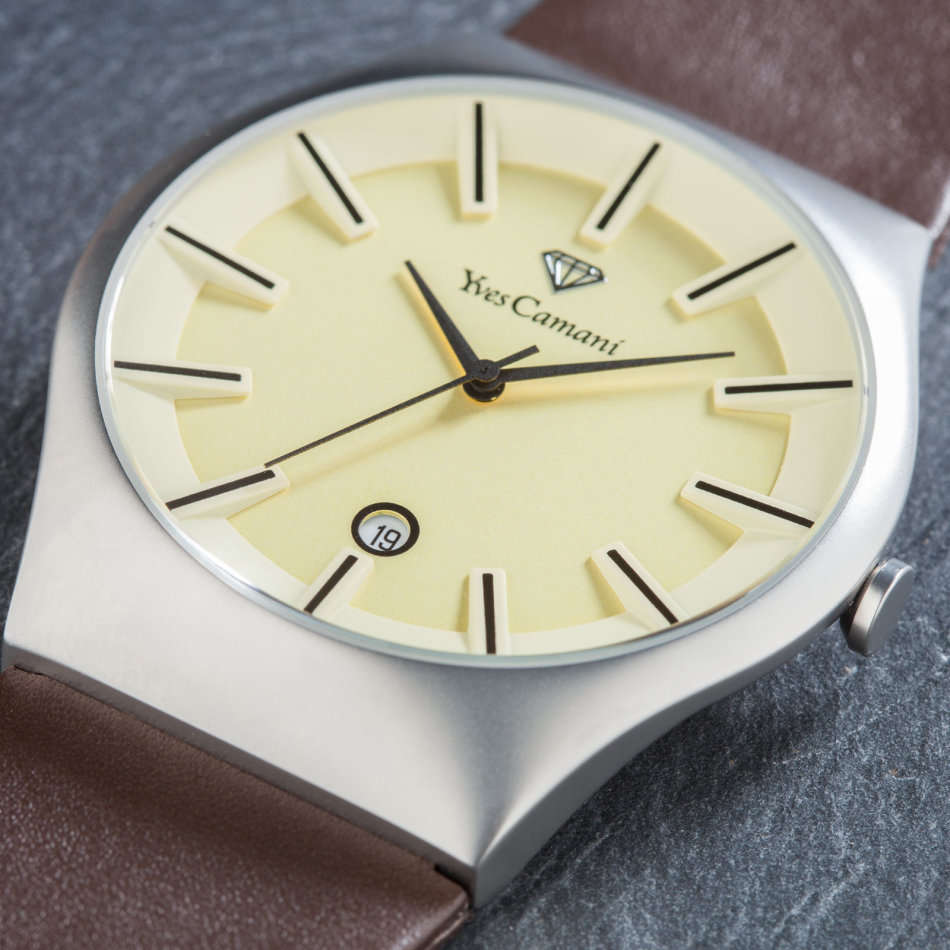 YVES CAMANI Louanne Ladies Watch Stainless Steel Brown Leather Date Display watch