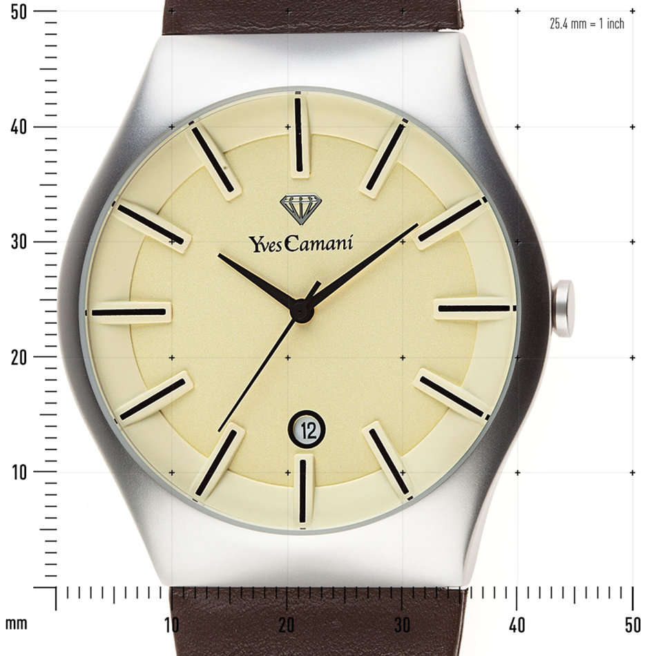 YVES CAMANI Louanne Ladies Watch Stainless Steel Brown Leather Date Display watch