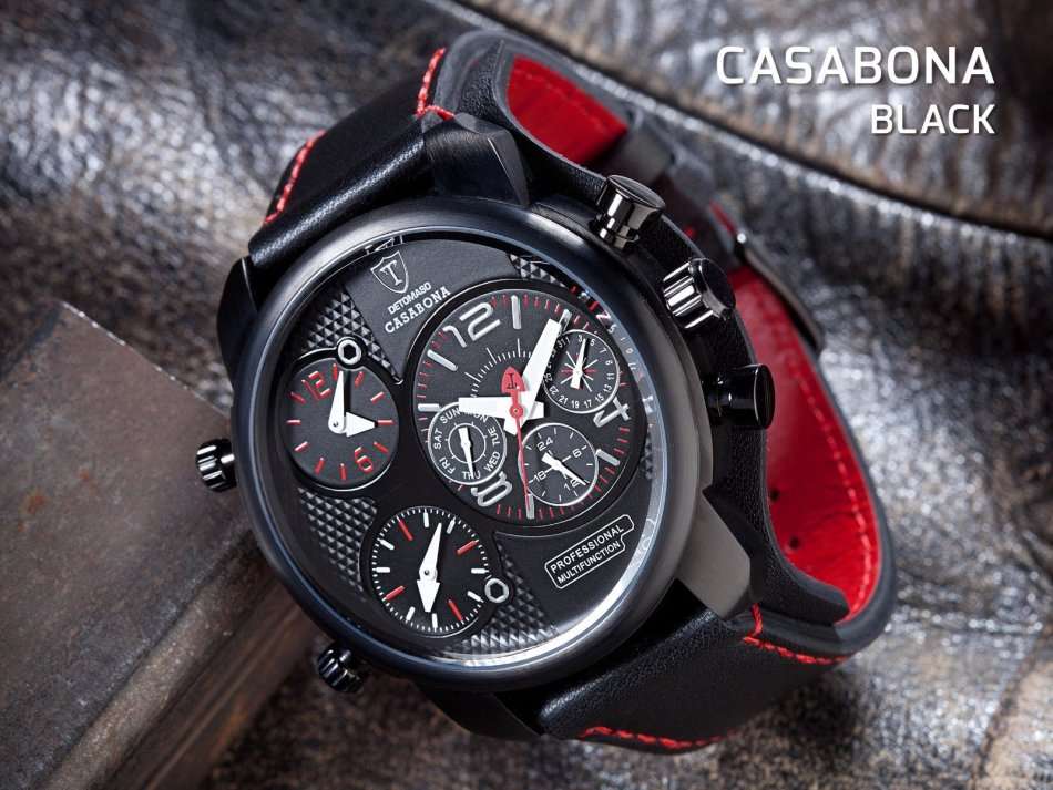 R1 AUCTION: 3 Time Zone*DETOMASO Casabona Mens XXL Multifunction Stainless Steel Black Leather Watch