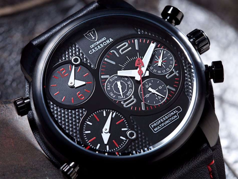 R1 AUCTION: 3 Time Zone*DETOMASO Casabona Mens XXL Multifunction Stainless Steel Black Leather Watch