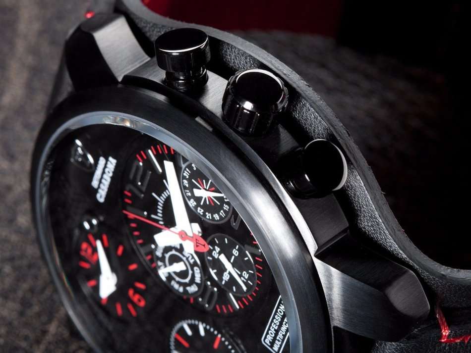 R1 AUCTION: 3 Time Zone*DETOMASO Casabona Mens XXL Multifunction Stainless Steel Black Leather Watch