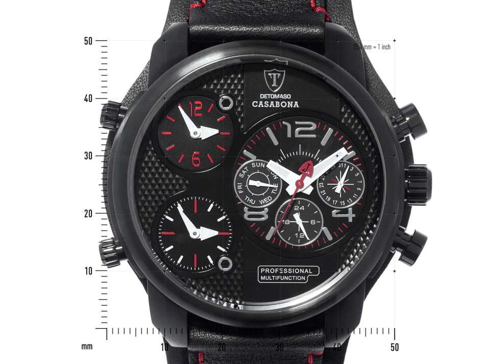 R1 AUCTION: 3 Time Zone*DETOMASO Casabona Mens XXL Multifunction Stainless Steel Black Leather Watch