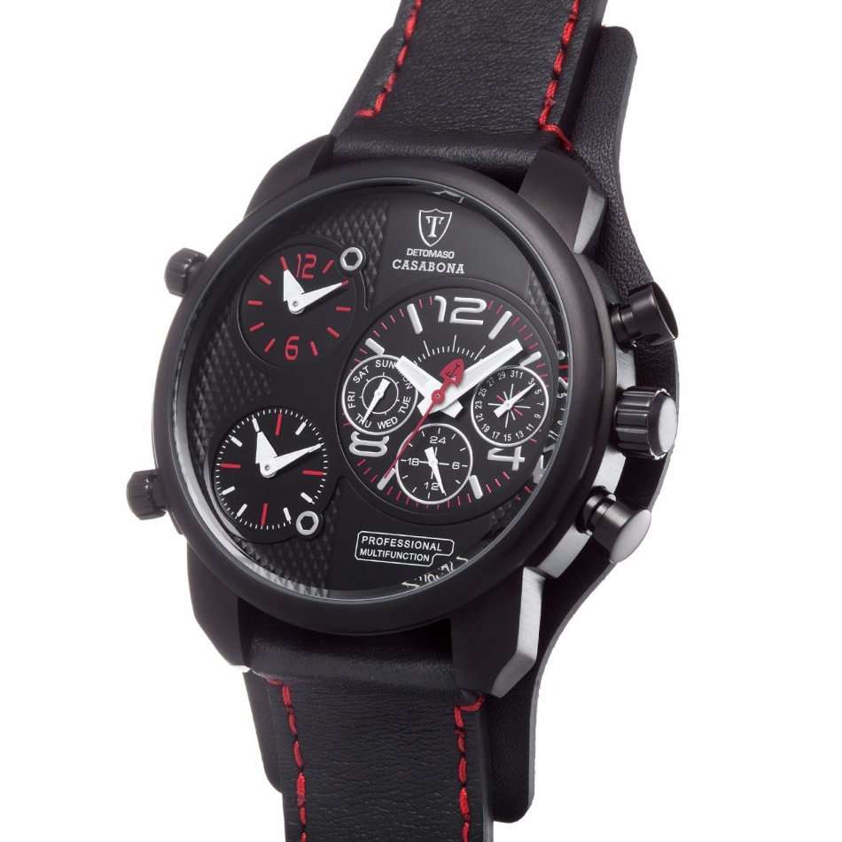R1 AUCTION: 3 Time Zone*DETOMASO Casabona Mens XXL Multifunction Stainless Steel Black Leather Watch