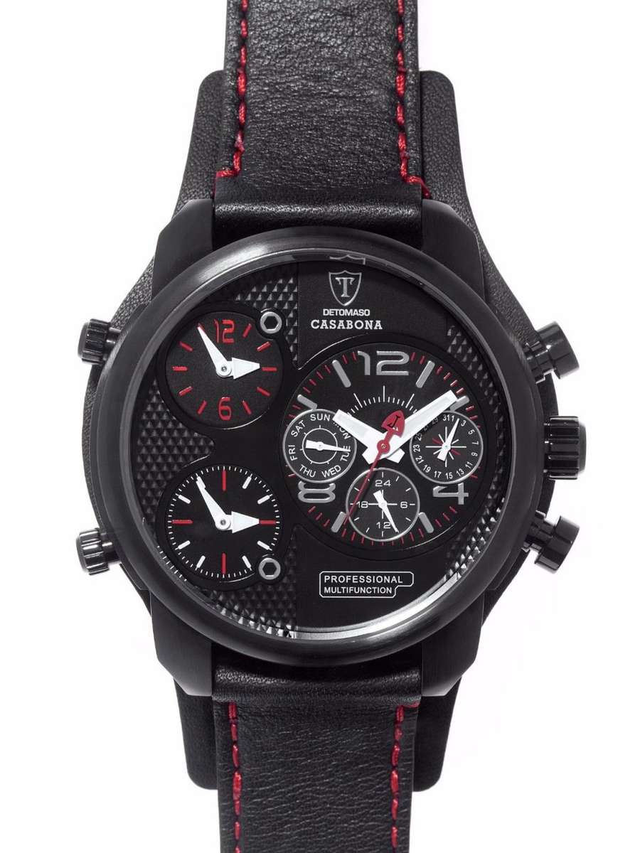R1 AUCTION: 3 Time Zone*DETOMASO Casabona Mens XXL Multifunction Stainless Steel Black Leather Watch
