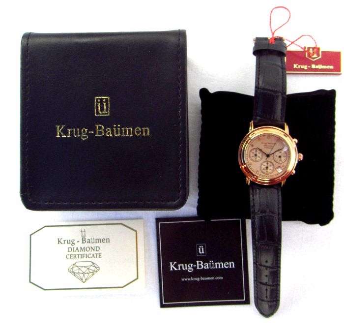RRP R13,500 Krug Baumen MEN Principle CHRONO 18K Rose Gold 8X Genuine Diamond Croc Leather Watch