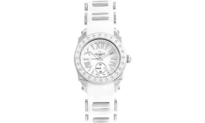 Retail: R18,000.00 Aquaswiss Women Swissport with 24 Diamonds Watch Silver and White Silicone Band
