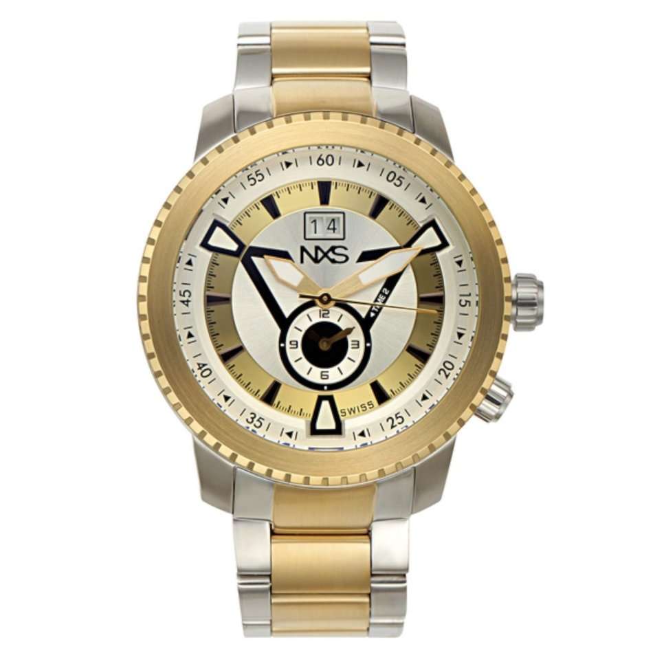 RRP: R24,000 NXS  MENS SWISS MADE COLBY 2 TIME ZONE TWO TONE SILVER/GOLD SS BRACELET CHRONOGRAPH