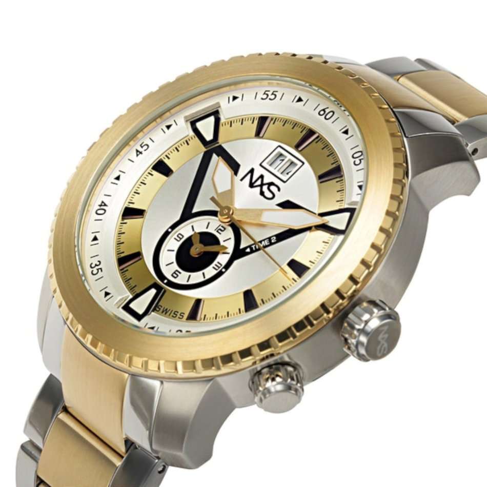 RRP: R24,000 NXS  MENS SWISS MADE COLBY 2 TIME ZONE TWO TONE SILVER/GOLD SS BRACELET CHRONOGRAPH