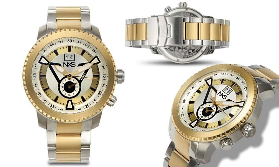 RRP: R24,000 NXS  MENS SWISS MADE COLBY 2 TIME ZONE TWO TONE SILVER/GOLD SS BRACELET CHRONOGRAPH