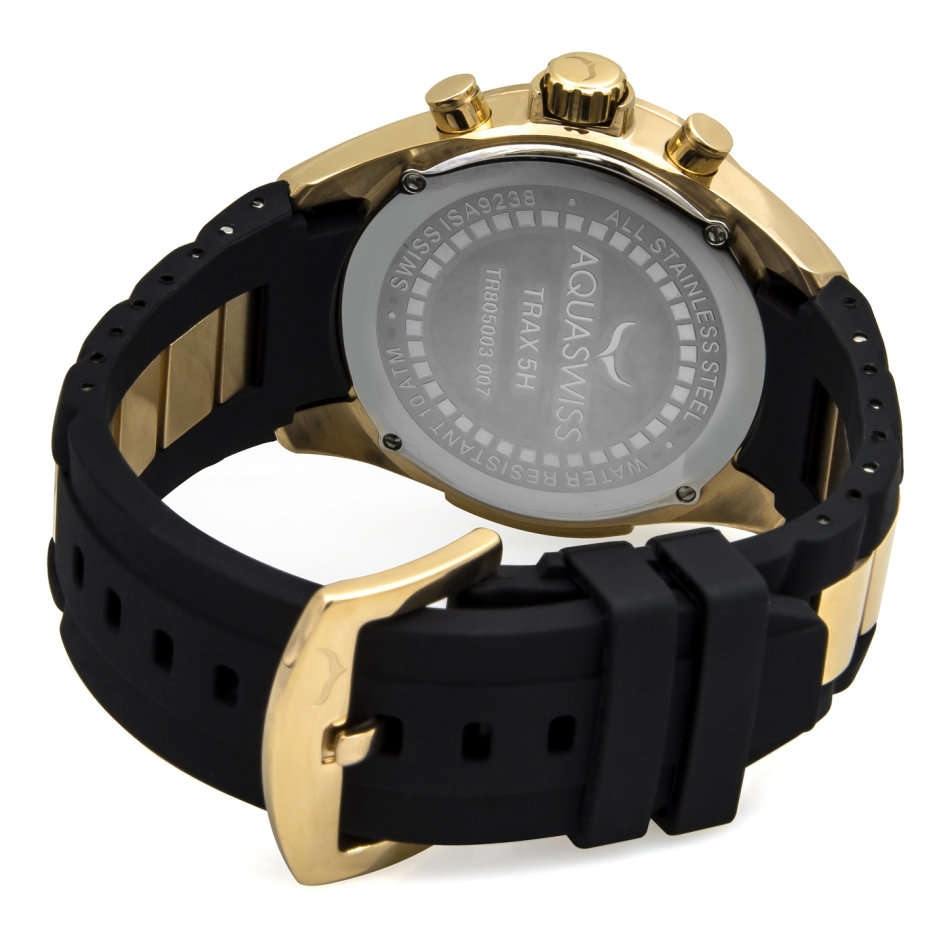 Retail: R12,000 Aquaswiss Men Trax 5H Watch with Chronograph 18k Gold and Black Silicone Band