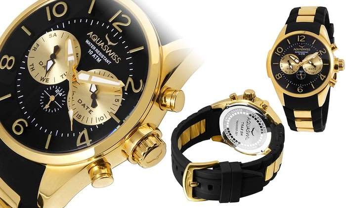 Retail: R12,000 Aquaswiss Men Trax 5H Watch with Chronograph 18k Gold and Black Silicone Band