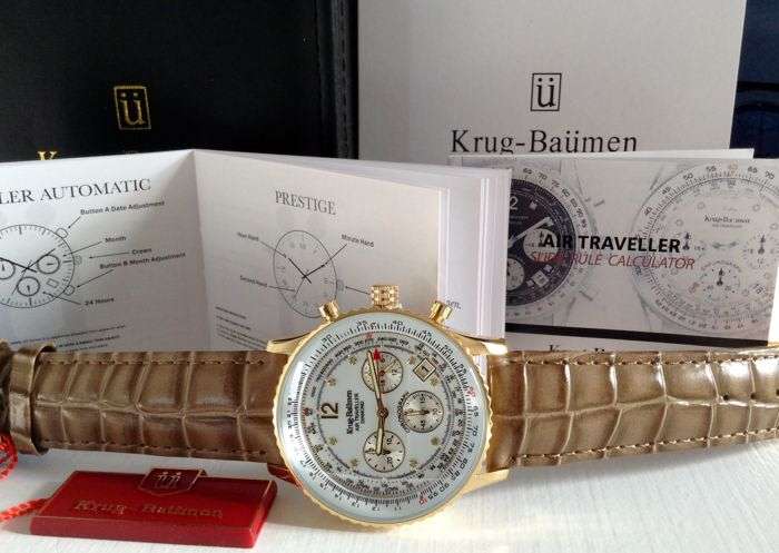 RRP: R13,400 Krug Baümen Air Traveller 8 Genuine Diamond White Dial Brown Croco Strap Chronograph