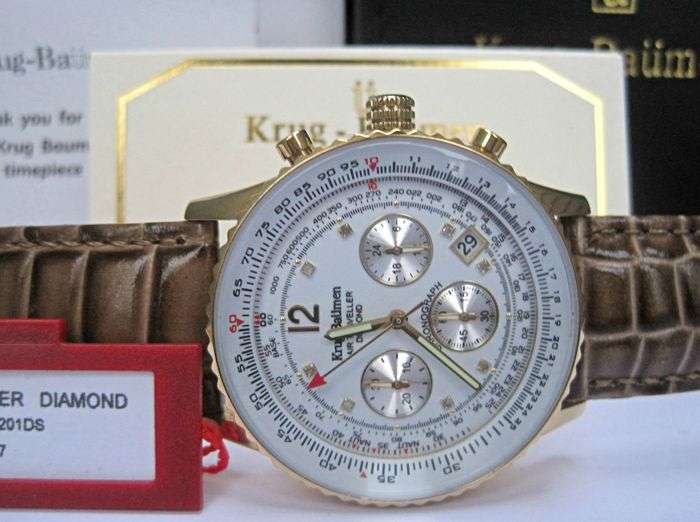 RRP: R13,400 Krug Baümen Air Traveller 8 Genuine Diamond White Dial Brown Croco Strap Chronograph