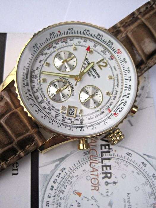 RRP: R13,400 Krug Baümen Air Traveller 8 Genuine Diamond White Dial Brown Croco Strap Chronograph