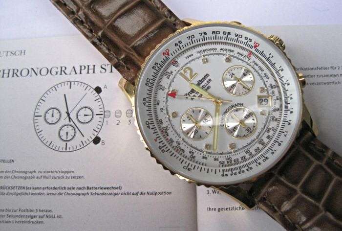 RRP: R13,400 Krug Baümen Air Traveller 8 Genuine Diamond White Dial Brown Croco Strap Chronograph