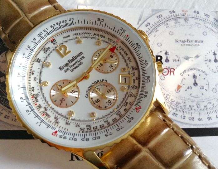 RRP: R13,400 Krug Baümen Air Traveller 8 Genuine Diamond White Dial Brown Croco Strap Chronograph