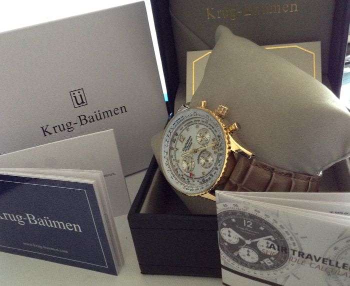 RRP: R13,400 Krug Baümen Air Traveller 8 Genuine Diamond White Dial Brown Croco Strap Chronograph