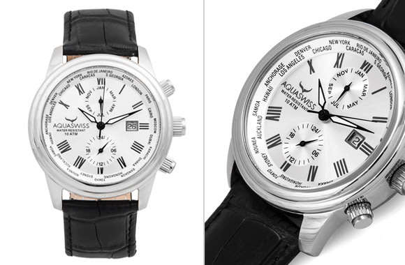 Retail: R12,000 Aquaswiss Swiss Made Classic 5h Unisex  Black Leather Strap Silver Dial Chronograph