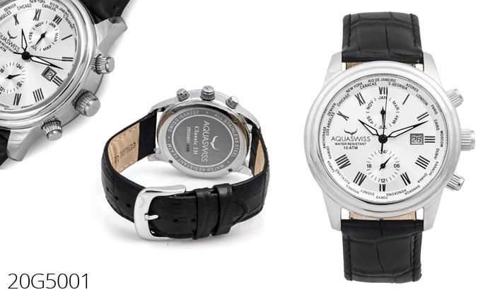 Retail: R12,000 Aquaswiss Swiss Made Classic 5h Unisex  Black Leather Strap Silver Dial Chronograph