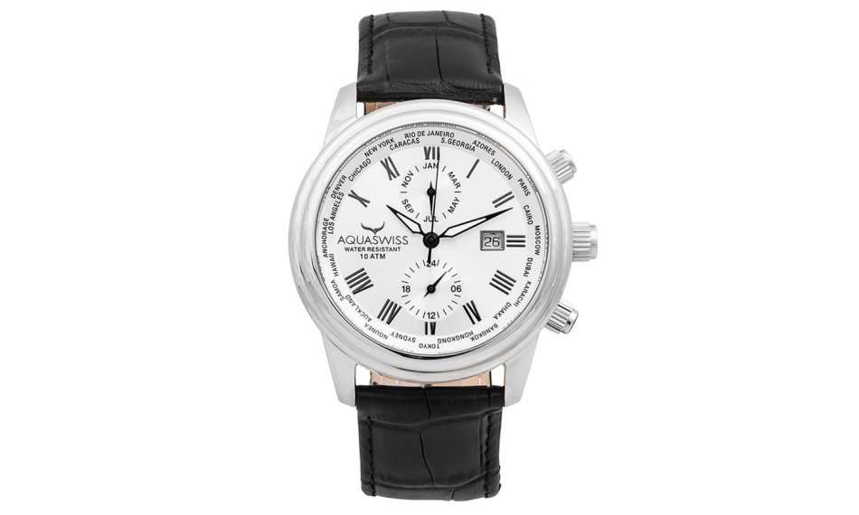 Retail: R12,000 Aquaswiss Swiss Made Classic 5h Unisex  Black Leather Strap Silver Dial Chronograph