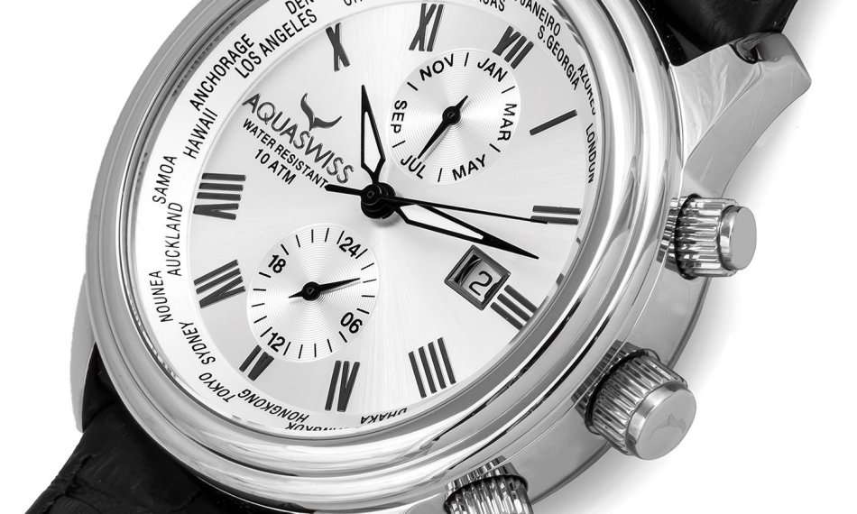 Retail: R12,000 Aquaswiss Swiss Made Classic 5h Unisex  Black Leather Strap Silver Dial Chronograph