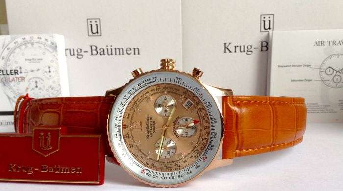 R14,298.98 Krug Baümen Air Traveller 8X Real Diamond Golden Dial Orange Croco Strap Chronograph