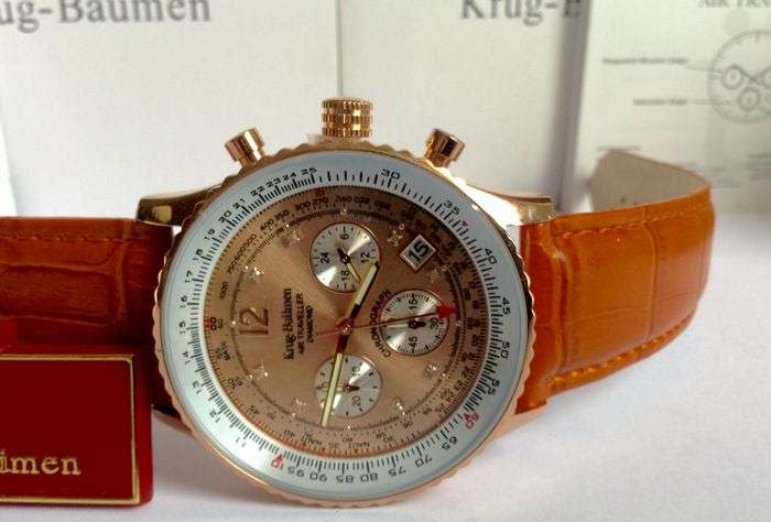 R14,298.98 Krug Baümen Air Traveller 8X Real Diamond Golden Dial Orange Croco Strap Chronograph