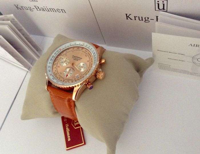R14,298.98 Krug Baümen Air Traveller 8X Real Diamond Golden Dial Orange Croco Strap Chronograph