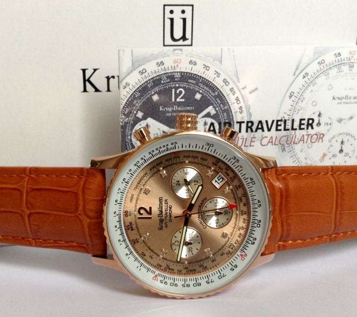 R14,298.98 Krug Baümen Air Traveller 8X Real Diamond Golden Dial Orange Croco Strap Chronograph
