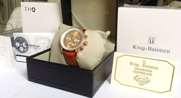 R14,298.98 Krug Baümen Air Traveller 8X Real Diamond Golden Dial Orange Croco Strap Chronograph