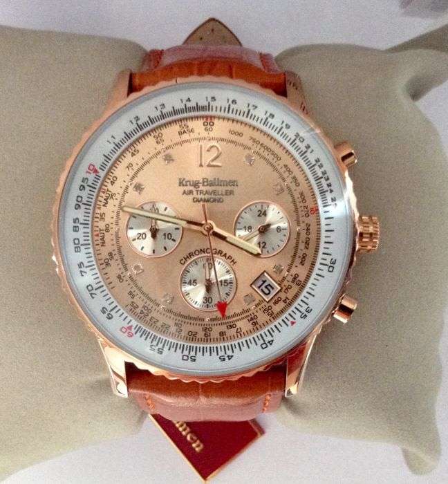 R14,298.98 Krug Baümen Air Traveller 8X Real Diamond Golden Dial Orange Croco Strap Chronograph